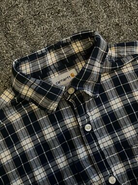 Carhartt Navy, White and Tan Plaid Men's Button-Down Shirt